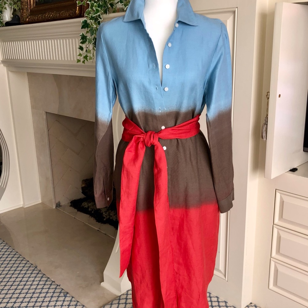 Worth Ombre Blue, Brown & Red Midi Shirt Dress with Waist Tie